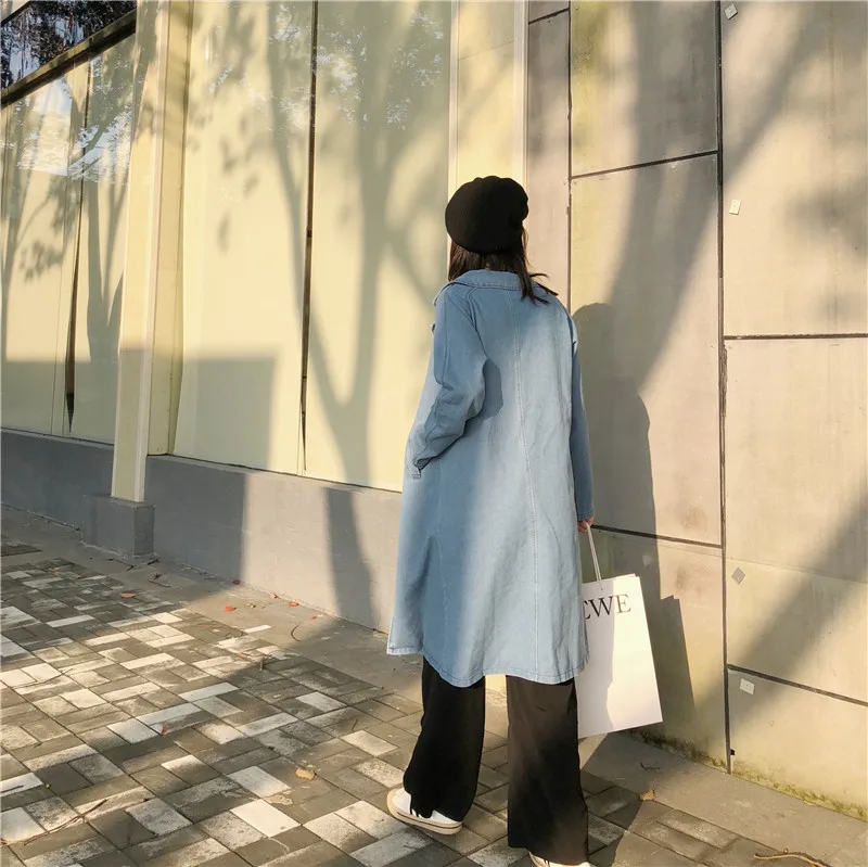 Denim Trench Coat Casual Student Style Fashion Hot Women Full Sleeve Long Coats Single Breasted Windbreaker