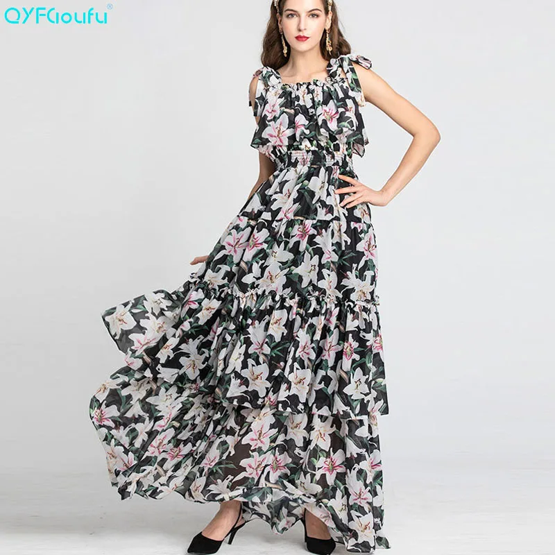 

QYFCIOUFU Runway Dress Women Floral Printed Summer Vacation Multi Layer Casual Dress Vintage Boho Sundress Maxi Party Dress Lady