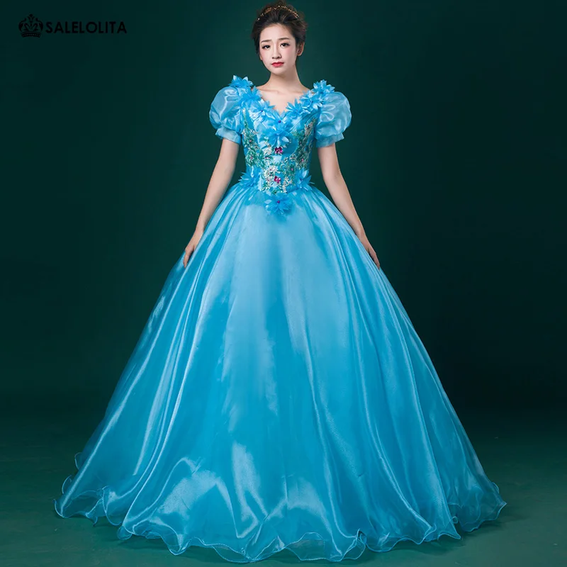 

Adult Blue Cinderella Dresses Theatre Stage Performance Appliques Silk Palace Girl Carnival Party Dress