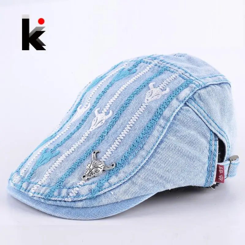 2017 Mens beret spring and autumn embroidered denim fabric hat high quality man cowboy berets