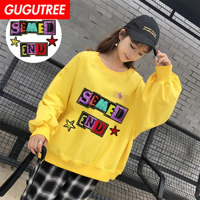 

GUGUTREE embroidery Sequins big letter patches star patches badges applique patches for clothing XC-123