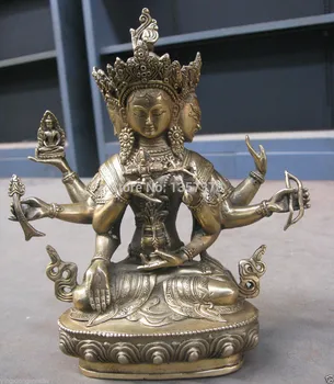 

shitou 00540 beautiful fine rare 3 face 6 arms Buddhism Buddha bronze statue