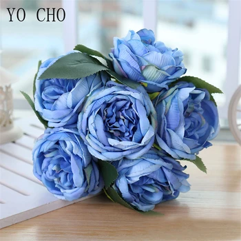 

YO CHO 6 Heads Rose Artificial Silk Flower White Peony Red Rose Small Bouquet Home Party Wedding Decoration Mariage Fake Flowers
