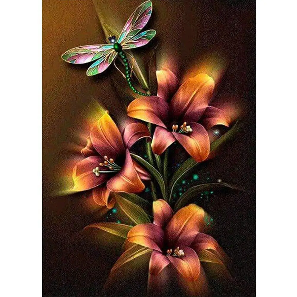 

Round Diamond Painting Cross Stitch Kits Mosaic Dragonfly And Flower 5D DIY Diamond Embroidery Wall Decoration