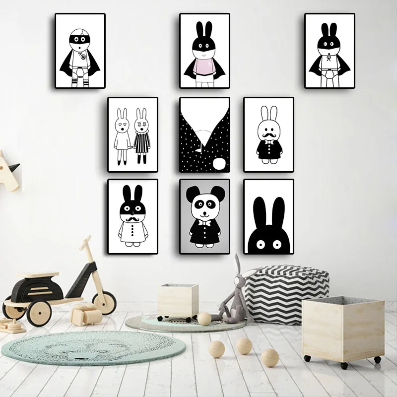 Anime Black And White Rabbit Posters And Prints Canvas Painting Scandinavian Nordic Wall Art Modern Baby Kids Room Home Decor Painting Calligraphy Aliexpress