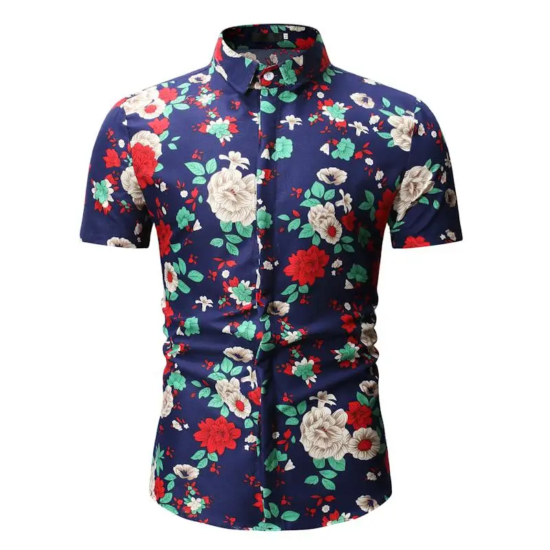 

Summer New model Shirts Men's Clothing Hawaiian Shirt Casual Blouse Male Red Flower Navy Floral Beach style