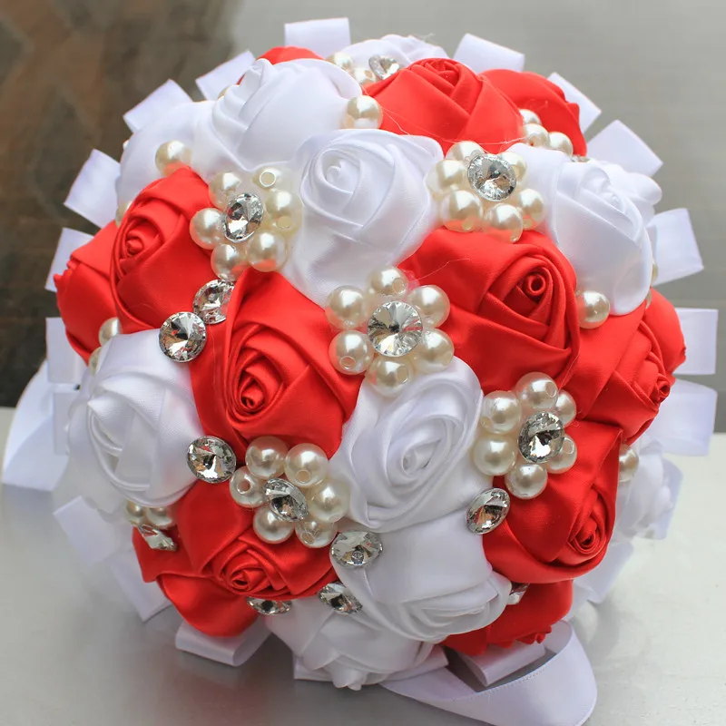 Red White Flower Wedding Bouquet Pearls Beaded Bridal Silk ...