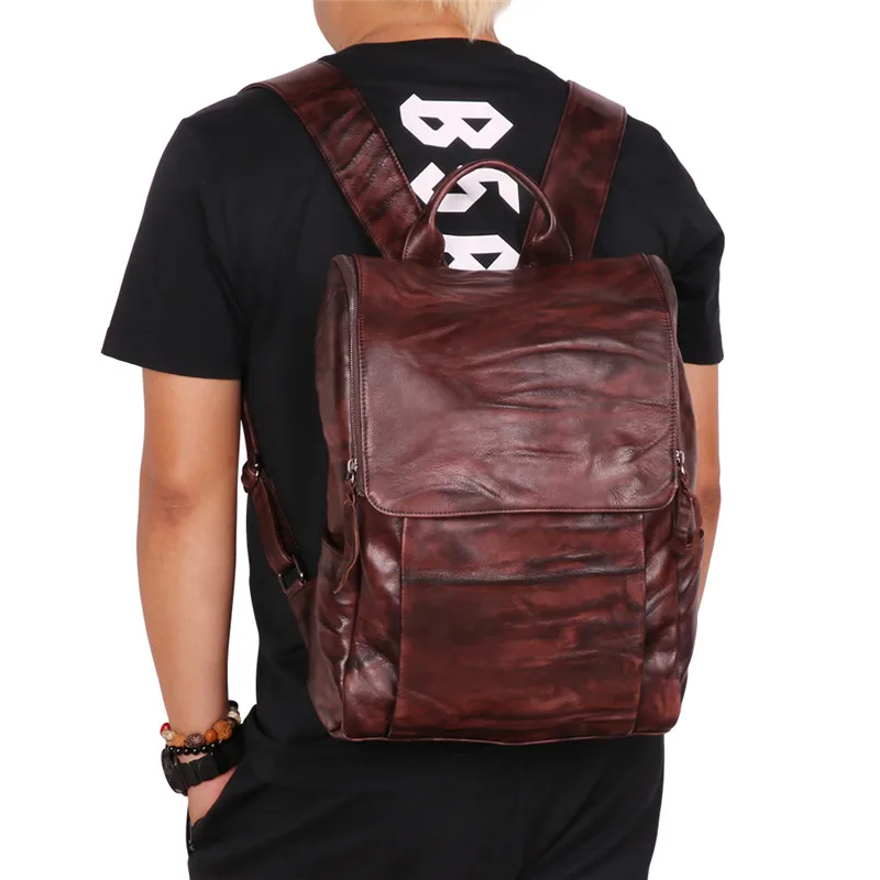 

Nesitu High Quality Vintage Coffee Genuine Leather 14'' 15.6'' Laptop Women Men Backpacks Female Male Travel Bags M6390