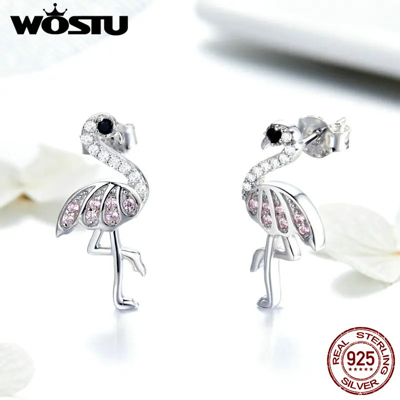 WOSTU, корейская мода, розовые фламинго, серьги-гвоздики, 925 пробы, серебро, прозрачный циркон, серьги для женщин, свадебные ювелирные изделия, FIE563