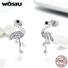 WOSTU, корейская мода, розовые фламинго, серьги-гвоздики, 925 пробы, серебро, прозрачный циркон, серьги для женщин, свадебные ювелирные изделия, FIE563
