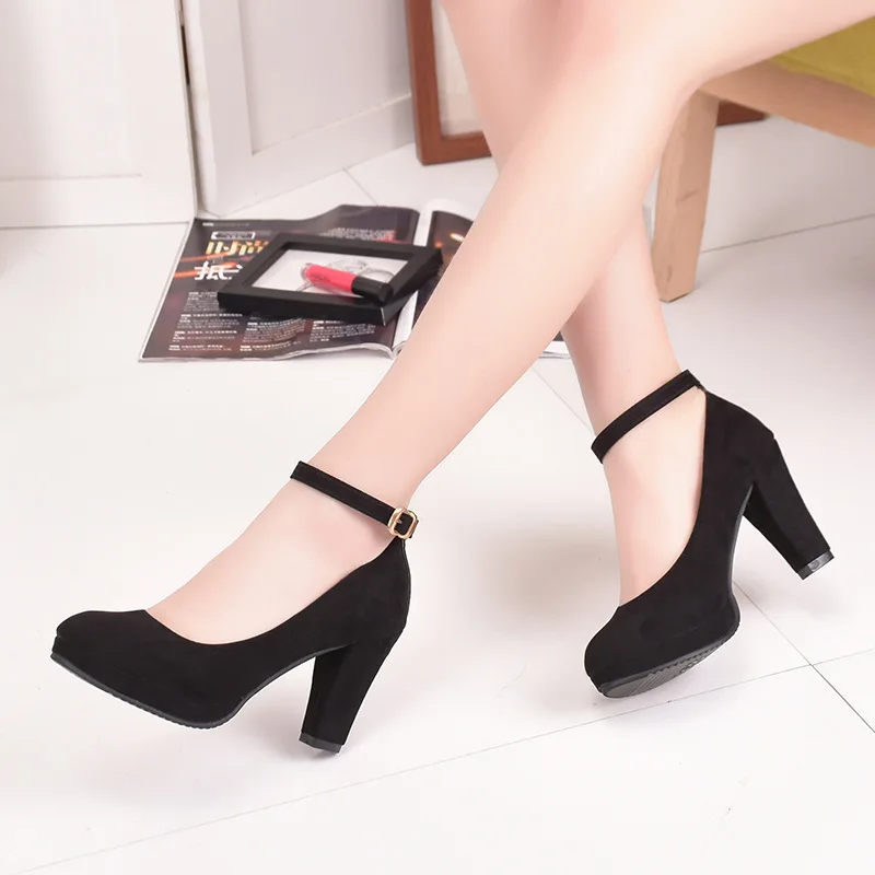 Autumn High Heels Women Pumps Platform Suede Shoes Women Ankle Strap Thick Heeled Ladies Shoes Comfortable Working Shoes WSH3166
