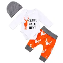 Новые 3 предмета для маленьких мальчиков девочек Рождественская одежда ползать ходить Охота ползунки+ олень брюки+ Шапки шапки Xmas Лось наряды одежда для малышей комплект