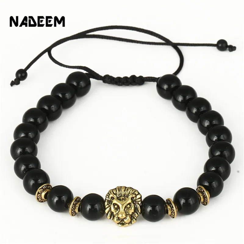 

Drop Shipping Antique Gold Plated Lion Head Charm Bracelet Men Black Onyx Agate Stone Bead Animal Macrame Braided Weave Bracelet