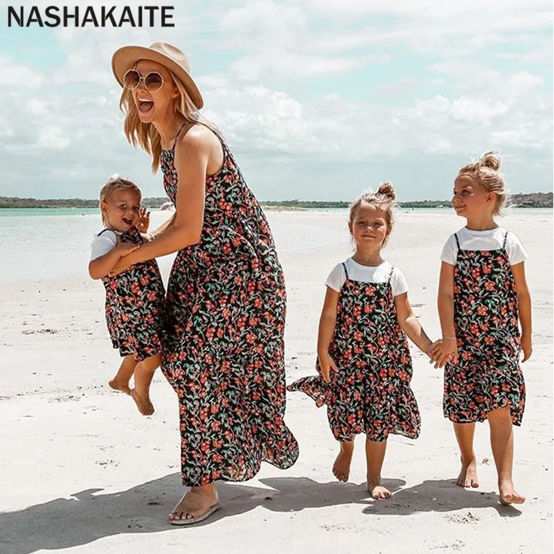 

NASHAKAITE Mommy and me clothes Floral Strapless Beach Party Dress Mom and daughter Dress Mom and daughter clothes Family Look