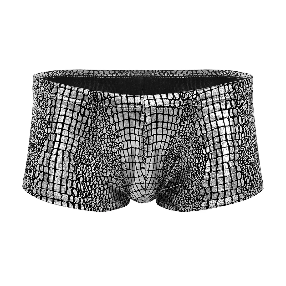 Sexy Mens Wet Look Shiny Metallic Lingerie Boxer Panties Underwear Snakeskin Printed Bulge Pouch Clubwear Low Rise Trunks Shorts