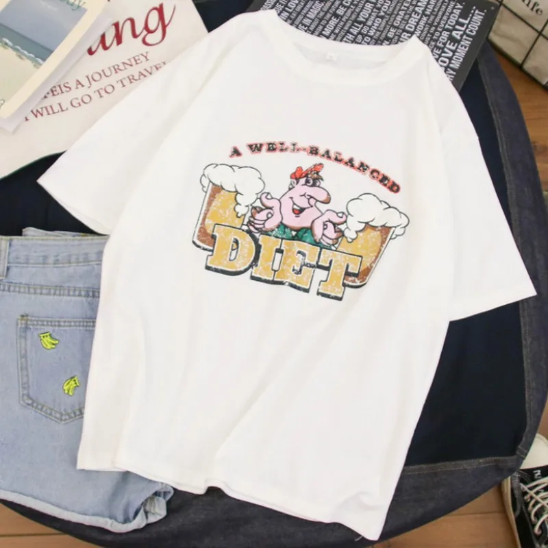 

Summer Korean Style Loose Cartoon Printing Female Student T-shirt College Style Boyfriend Plus Size Short-sleeved Women T-shirt