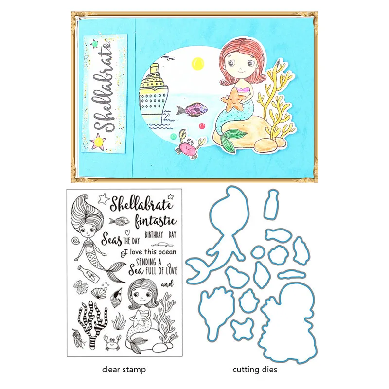

Mermaid stamps dies Rubber Silicone Stamp with Metal Cutting Die set frame die cuts for card making scrapbooking decoration