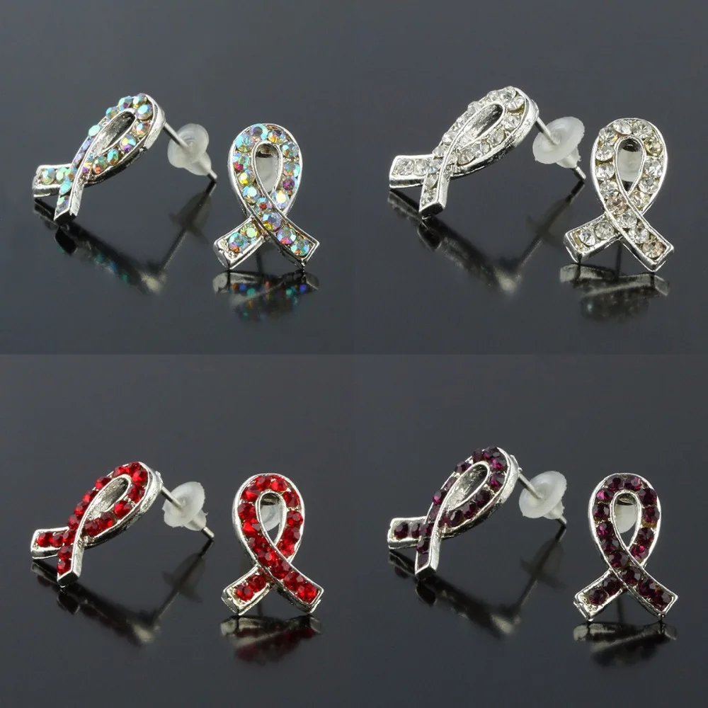 

TUMBEELLUWA 1Lot (5Pairs) Crystal Rhinestone Ribbon Cancer AWARENESS Silver Plated Stud Ear Earrings