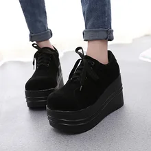 women platform sneakers suede spring new hick bottom all black round head high heel causal shoes zapatos de mujer