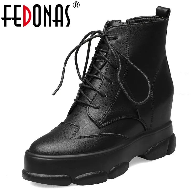 

FEDONAS Autumn Winter Quality Synthetic Leather Women Ankle Boots Cross Tied Height Increasing Short Boots Basic Shoes Woman