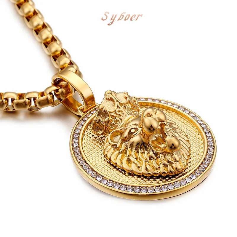 Syboer necklace lion head pendant round crystal gold chain stainless