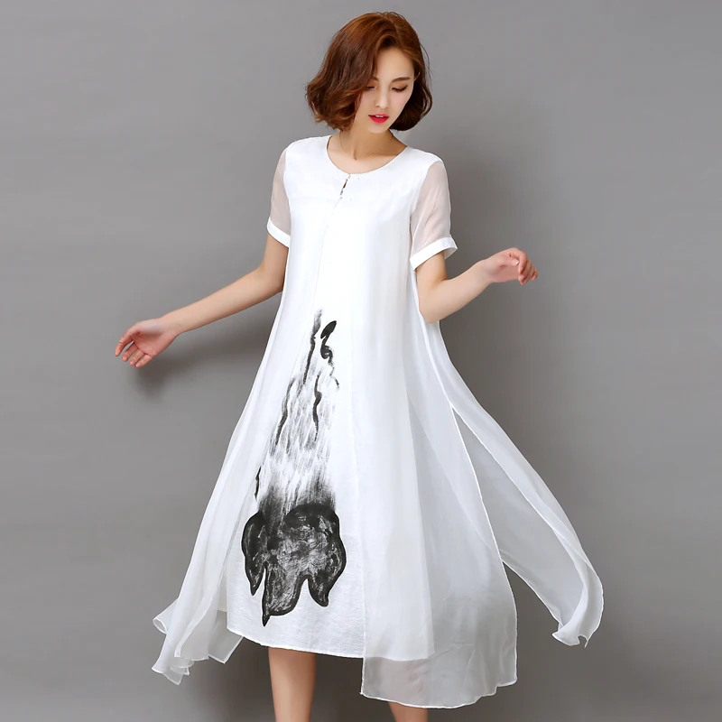 Buy Cheap Fashion2017 New Spring Summer White Black Ink Print Women Long Dress Retro Short Sleeve Cotton Linen Designs Casual Dresses Slim