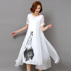 Save 11.99 on Fashion2017 New Spring Summer White Black Ink Print Women Long Dress Retro Short Sleeve Cotton Linen Designs Casual Dresses Slim