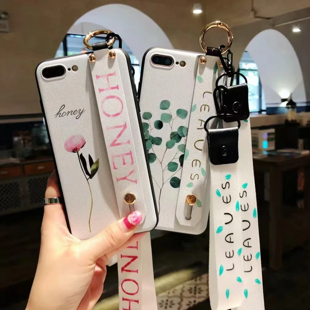 

Phone Case For iPhone X XR XS XS Max 6 6s 7 8plus Fashion Floral 3D Leaves Wrist Strap with Lanyard Neck Strap Cover case ipone