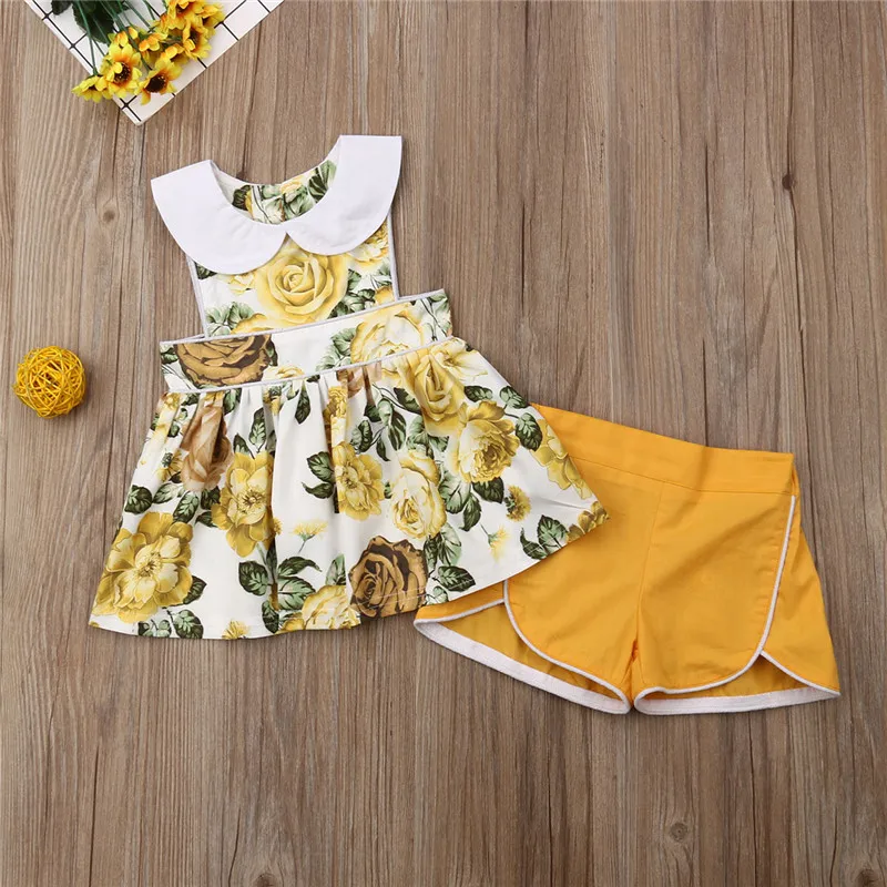 

Kids Baby Girl Clothes Sets Princess Flowers Sleeveless Tank Dress Peter pan Collar Tops Shorts 2Pcs Summer Girls Outfits 18M-6Y