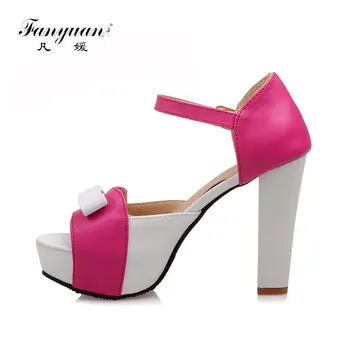 

Fanyuan Sweet Shoes Women Sandals Mixed Colors Thick Platform Thin High Heels Bow Ankle Strap Female 2017 Plus Size Green Shoes