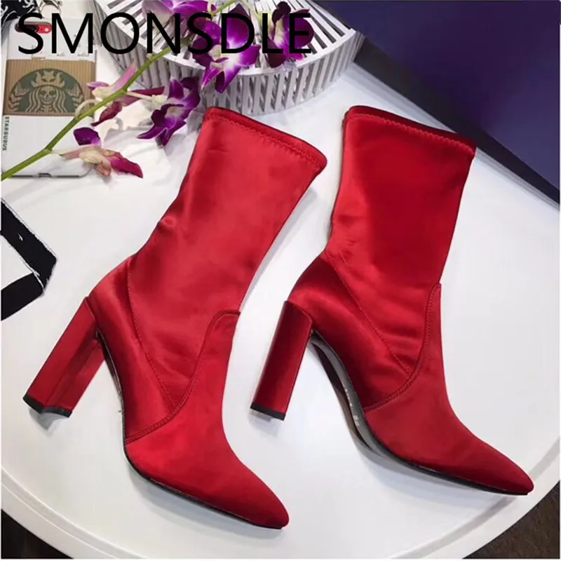 

SMONSDLE 2018 New Fashion Blue Red Satin Women Ankle Boots Slip On Pointed Toe Chunky High Heel Women Short Boots Shoes Woman