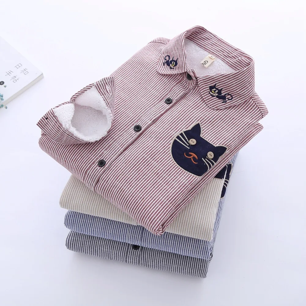 

Kumeiya Velvet Thick Warm Women's Cat Embroidery Female Long Sleeve Ladies Tops Winter Blouse Blusas Femininas Chemise Autumn