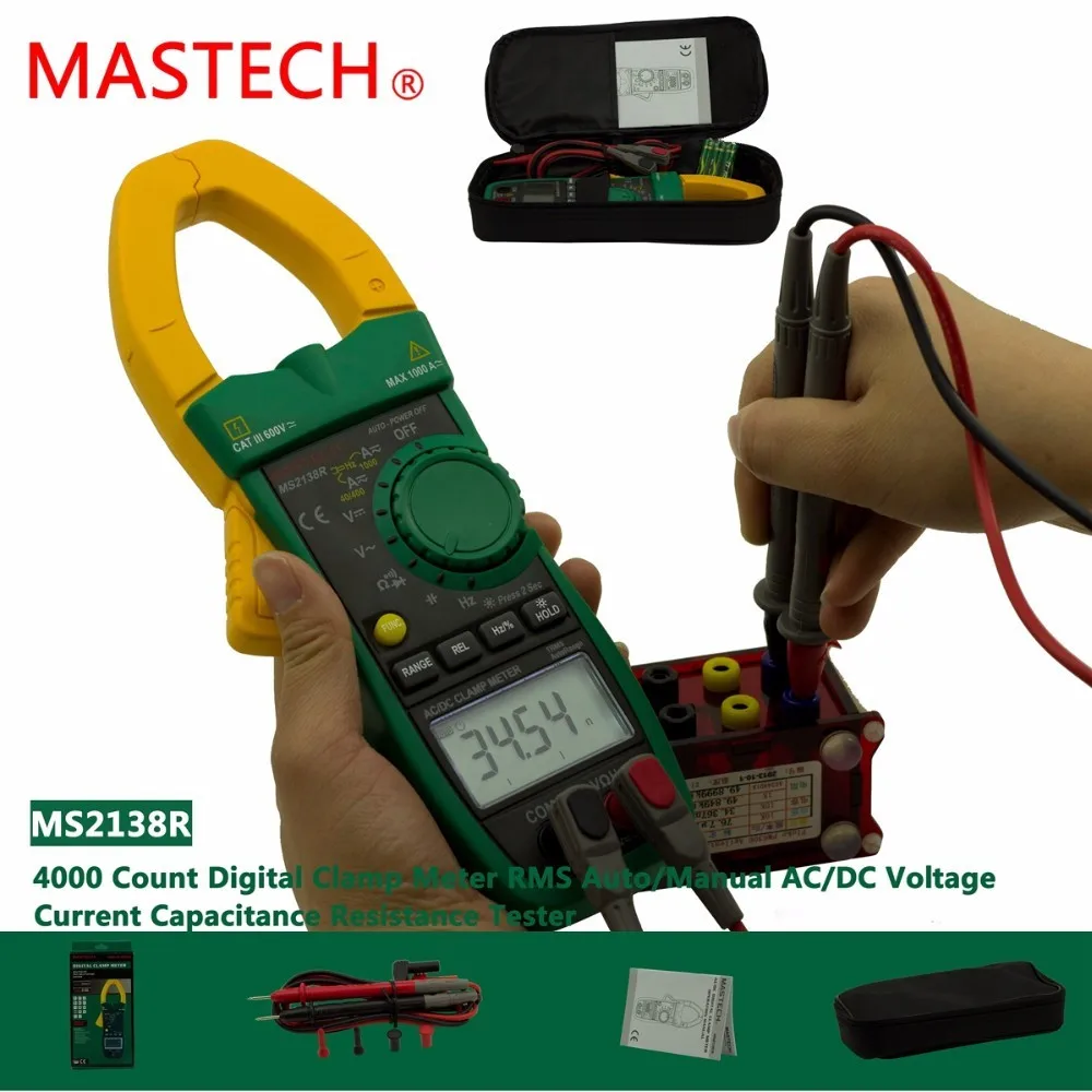 MASTECH MS2138R 4000 отсчетов цифровой AC DC клещи мультиметр Напряжение Ток Емкость тестер сопротивления