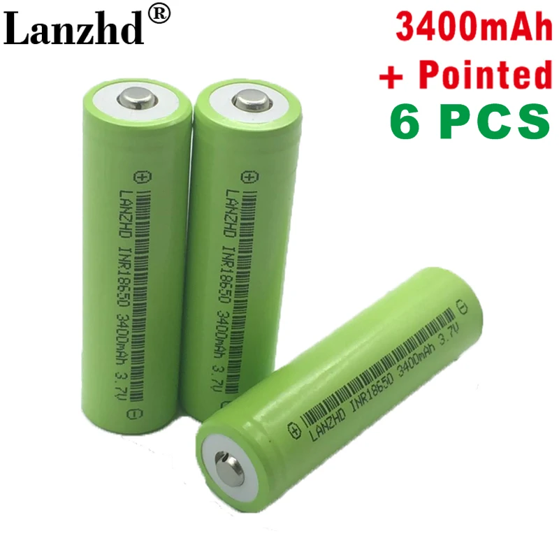 

6PCS 100% New Original INR18650 3.7v 3400mah 18650 with Pointed Lithium Rechargeable Battery For Flashlight batteries (NO PCB)