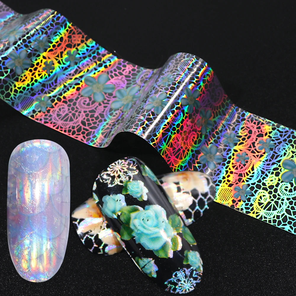 16pcs Lace Stickers For Nails Foil Holographic Peacock Polish Wraps Slider Flower Vine Feather