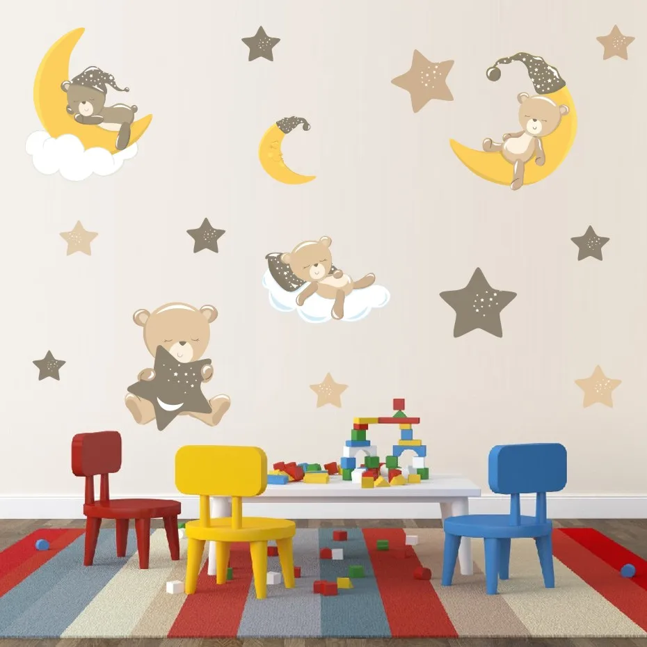 

Cute Sleeping Bear Moon And Stars Vinyl Wall Stickers DIY Decals Art Mural Posters For Kids Room Babys Nursery Rooms Home Decor
