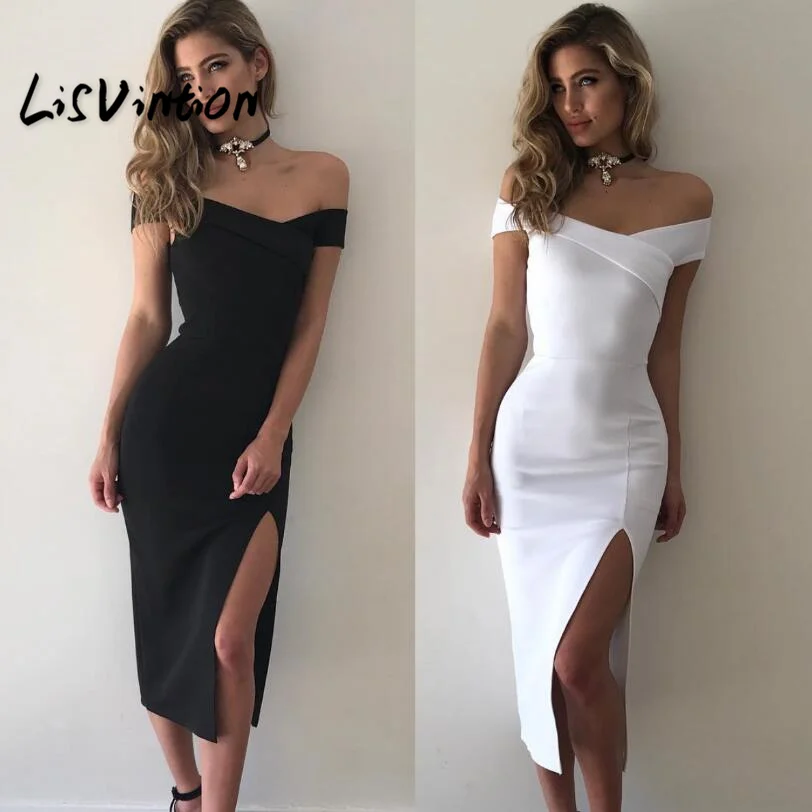 

LisVintion Women Off Shoulder Sexy Bodycon Bandage Dress Spring Summer Fashion Strapless High Split Elegant Evening Party Dress