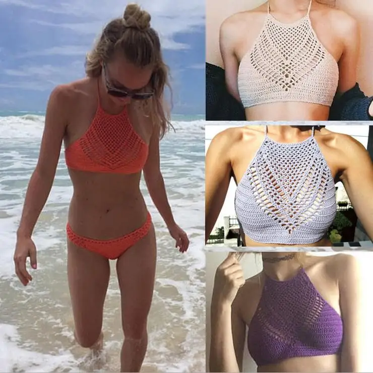 

2019 Women Sexy Bikini Tops Swimwear High Neck Hollow Halter Swimwear Crochet Separate Swimsuit Bikini Bra
