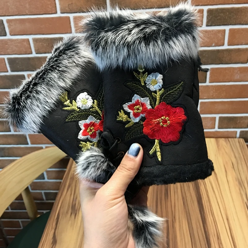 2018 Winter Gloves Women Embroidery Red Flower Fur Gloves Suede half finger Gloves female cheap