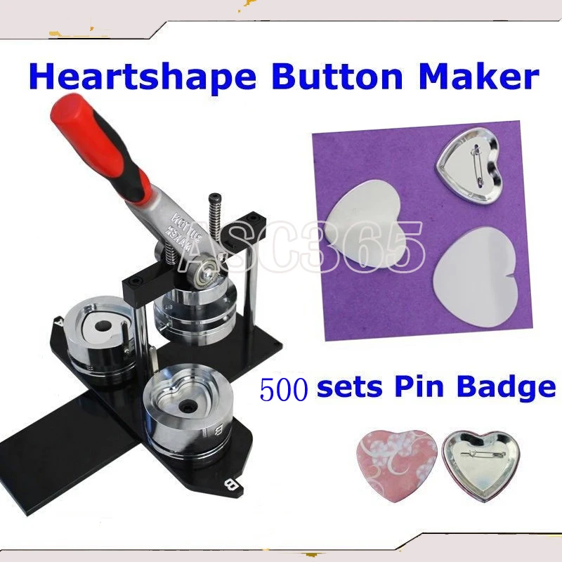 Pro N3 Heart Shape 57x52mm Badge Button Maker Machine with Interchangeable Die Mould +500 Sets Metal Pinback Supply