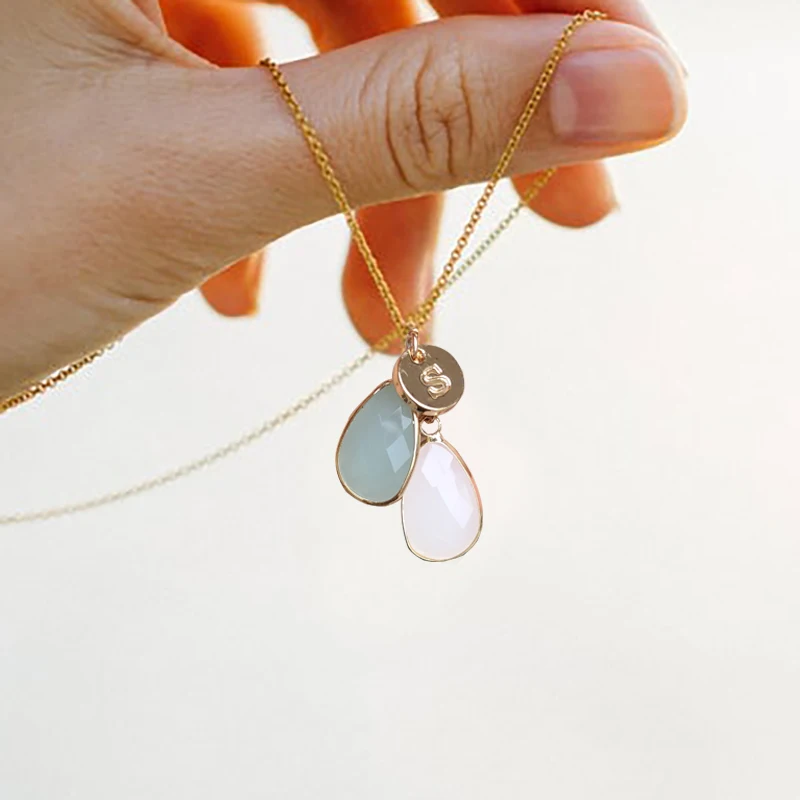 

White Green Birthstone Necklace, Initial Stamped necklace,Personalized Gift for Her