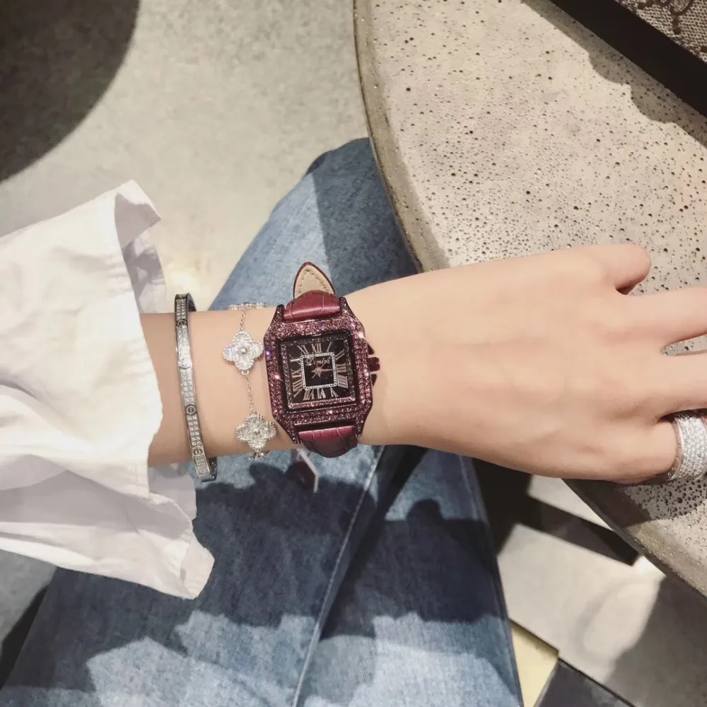 Элегантный Для женщин Роман Количество Кварцевые наручные часы Винтаж настоящие кожаные модные часы сверкающие кристаллы наручные часы