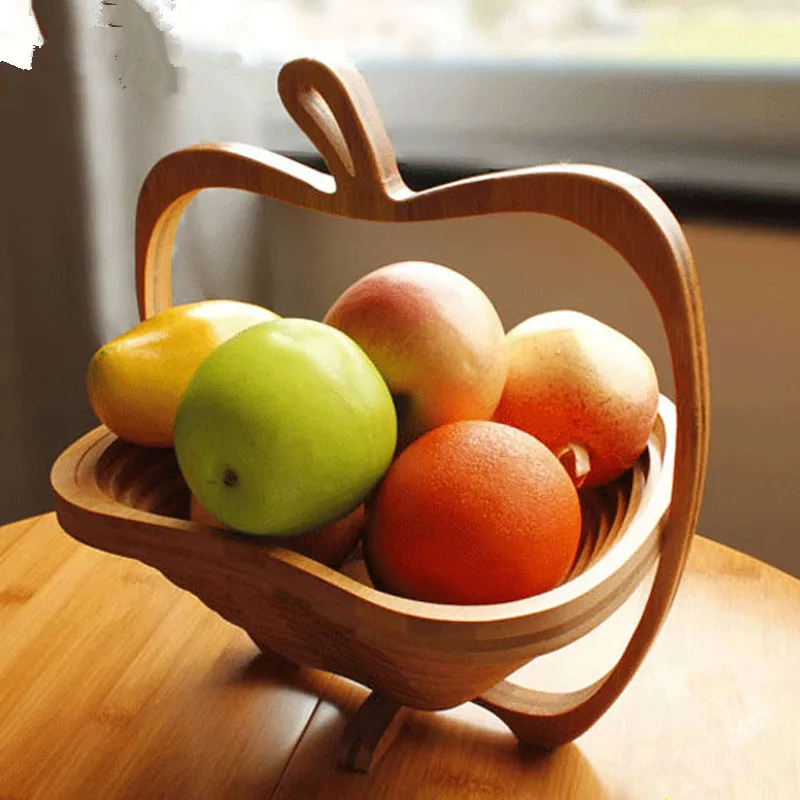 Folding Apple Bamboo Fruit Basket Portable Collapsible Storage Basket