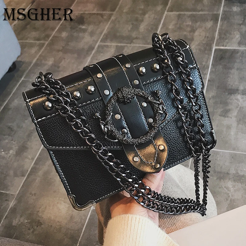 

MSGHER Square Bag 2019 New Quality PU Leather Women's Designer Handbag Rivet Lock Chain Shoulder Messenger bags