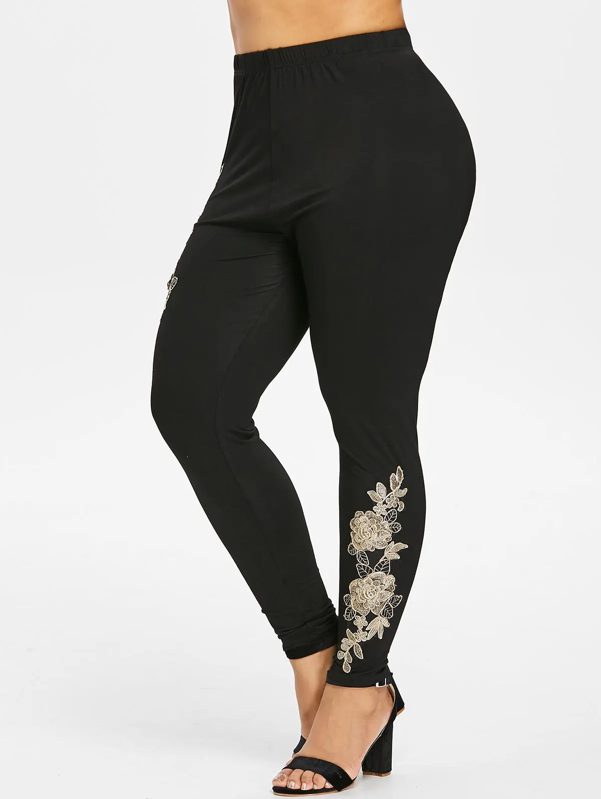 Plus Size High Waisted Flower Embroidery Leggings Women 5XL Fashion
