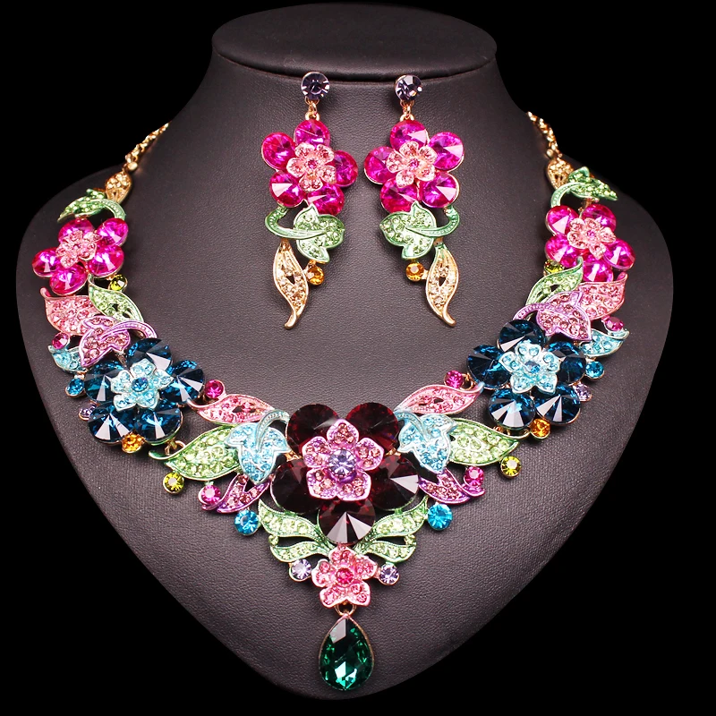 Cena Luksusowe kwiaty liście zestawy kryształowej biżuterii damskie randki kolczyki naszyjnik zestaw indyjski kostium dla nowożeńców biżuteria prezenty dla kobiet