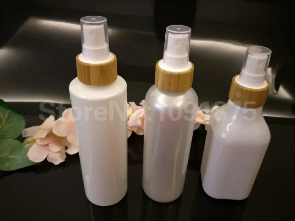 

Free shipping 10pcs/lot 200ml white PET bottle with bamboo mist sprayer for cosmetic package