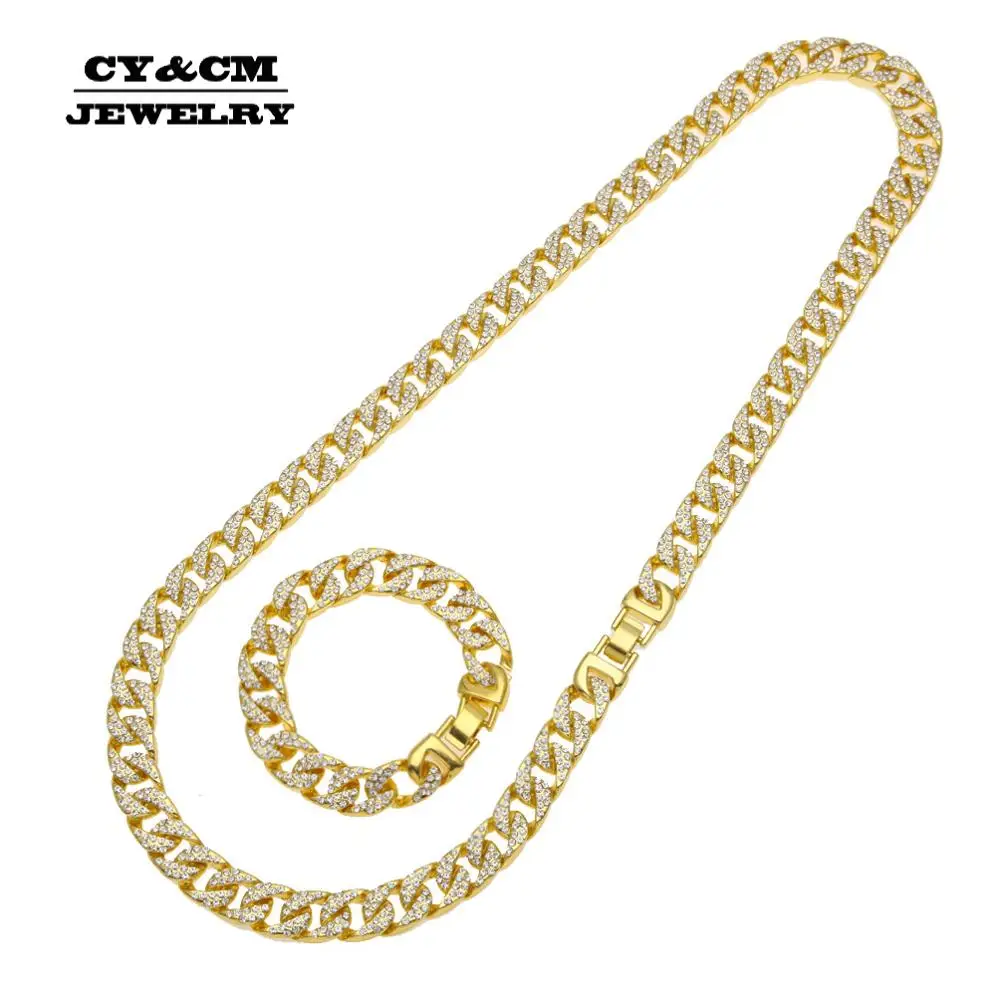 

13mm Hip Hop Iced Out Bling Rhinestone Necklace for Mens Cuban Link Curb Chain Necklaces Gold Silver Color Rapper Bracelet Set