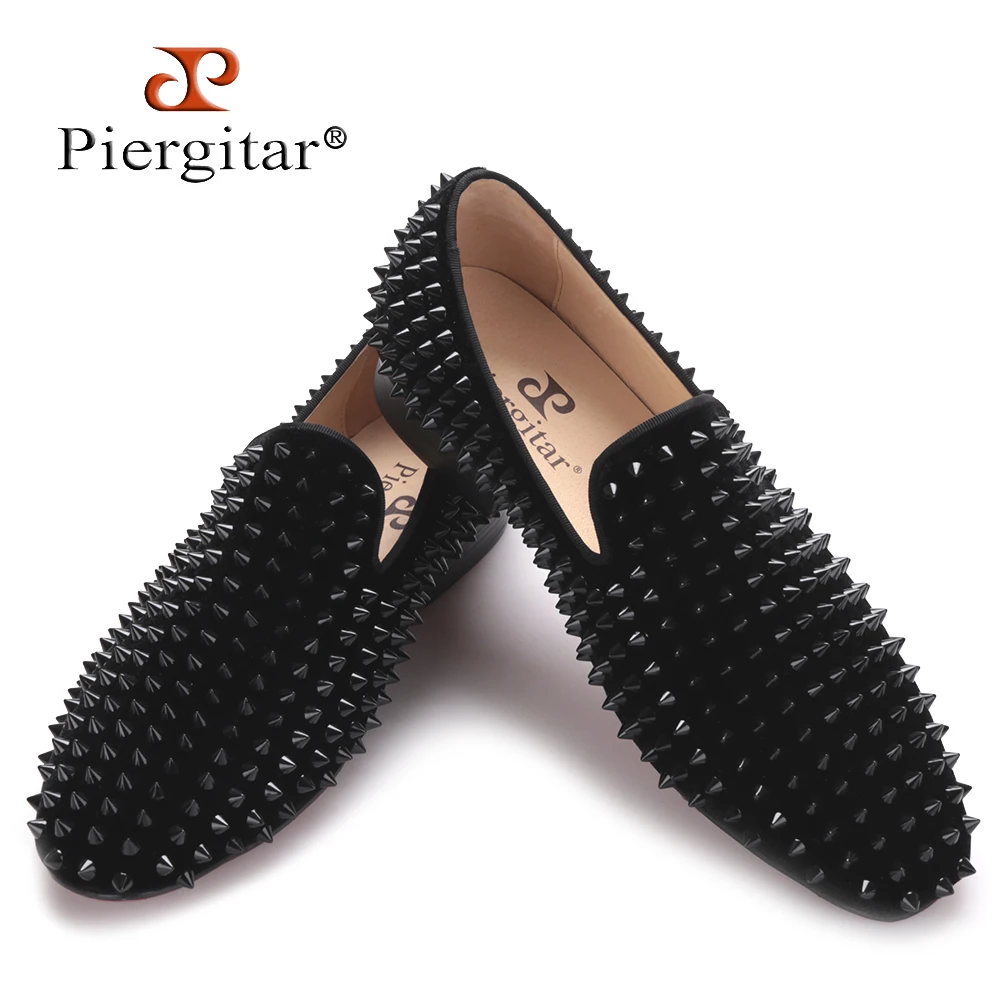 Piergitar 2018 new Black velvet print Black rivet men handmade loafers Fashion Party Banquet men smoking slippers male's flats