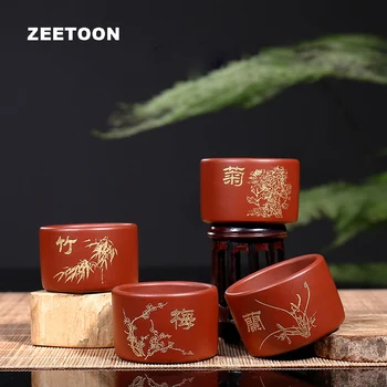 

4PCS/Lot 60cc Authentic Yixing Teacup Purple Clay Master Cups Tea Set Tea Bowl Cup Outline Gold Plum Orchid Bamboo Chrysanthemum